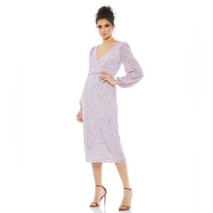 Mac Duggal Purple Sequined Illusion Puff Sleeve V Neck Midi Dress
